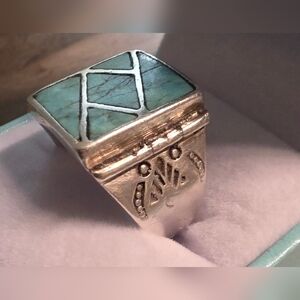 NAVAJO VINTAGE STERLING SILVER 925 TURQUOISE INLAY RING SIZE 10 | 10.67 Grams